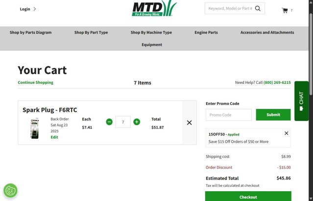 MTD Parts checkout page showing MTD Parts coupon code box | Screenshot taken by SimplyCodes community member on Aug 24, 2025