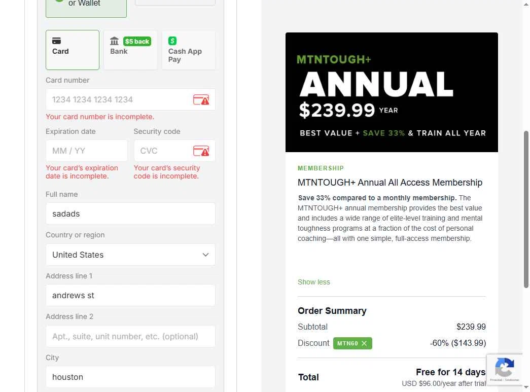 MTNTOUGH checkout page showing MTNTOUGH promo code box | Screenshot taken by SimplyCodes community member on Feb 12, 2026