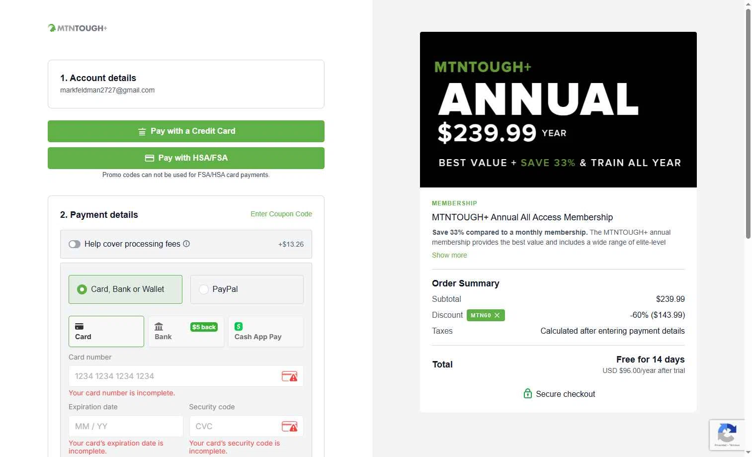 MTNTOUGH checkout page showing MTNTOUGH promo code box | Screenshot taken by SimplyCodes community member on Feb 6, 2026