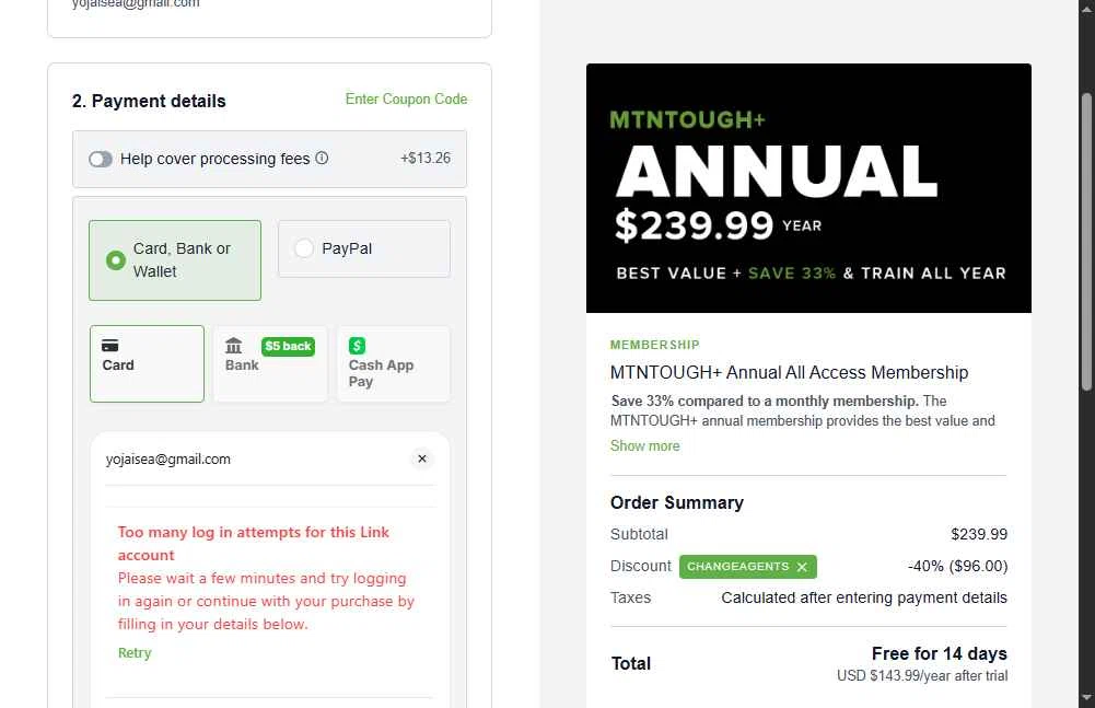MTNTOUGH checkout page showing MTNTOUGH promo code box | Screenshot taken by SimplyCodes community member on Feb 3, 2026