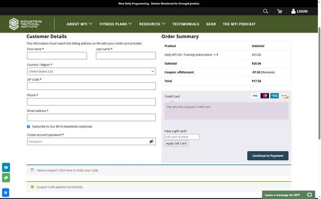 Mountain Tactical Institute checkout page showing Mountain Tactical Institute coupon code box | Screenshot taken by SimplyCodes community member on May 7, 2025