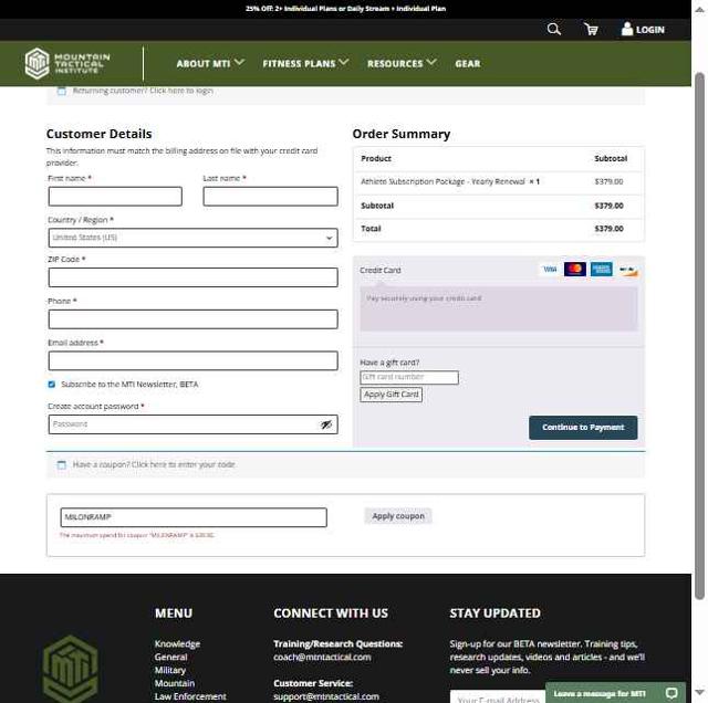 Mountain Tactical Institute checkout page showing Mountain Tactical Institute coupon code box | Screenshot taken by SimplyCodes community member on Jul 29, 2025