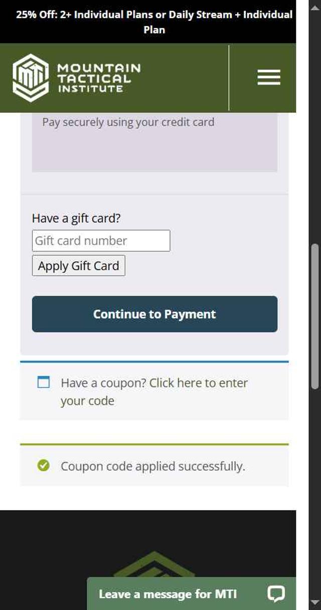 Mountain Tactical Institute checkout page showing Mountain Tactical Institute coupon code box | Screenshot taken by SimplyCodes community member on Jul 1, 2025
