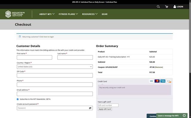 Mountain Tactical Institute checkout page showing Mountain Tactical Institute coupon code box | Screenshot taken by SimplyCodes community member on Jul 30, 2025