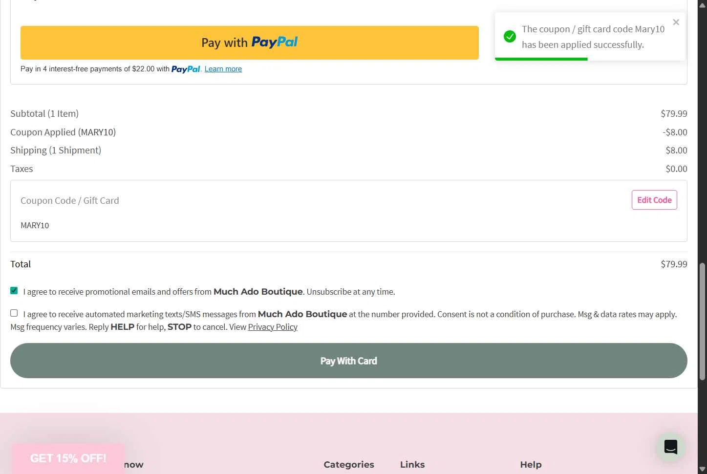 Much Ado Boutique checkout page showing Much Ado Boutique coupon code box | Screenshot taken by SimplyCodes community member on Jan 21, 2026