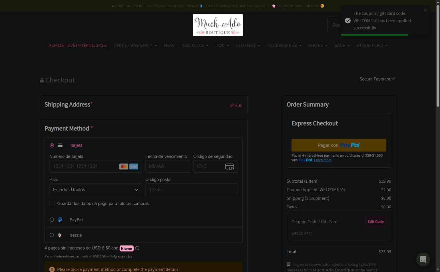 Much Ado Boutique checkout page showing Much Ado Boutique coupon code box | Screenshot taken by SimplyCodes community member on Dec 27, 2025