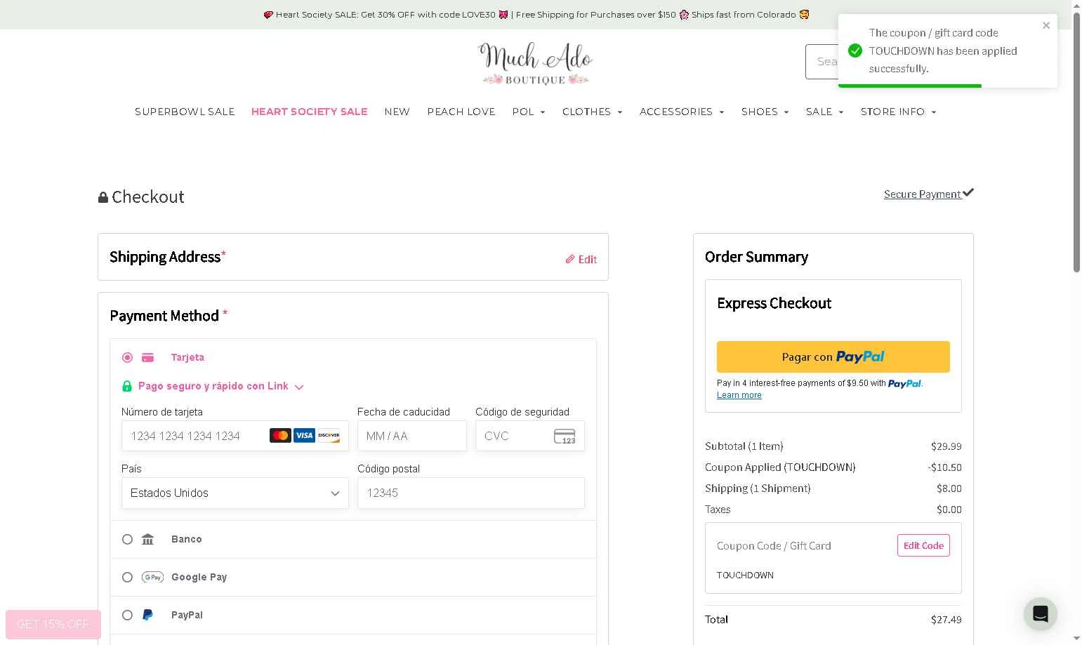 Much Ado Boutique checkout page showing Much Ado Boutique coupon code box | Screenshot taken by SimplyCodes community member on Feb 7, 2026