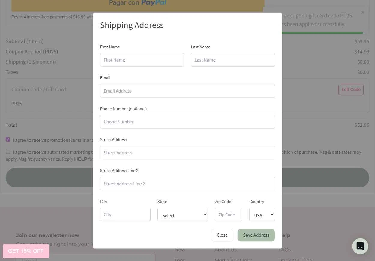 Much Ado Boutique checkout page showing Much Ado Boutique coupon code box | Screenshot taken by SimplyCodes community member on Feb 16, 2026
