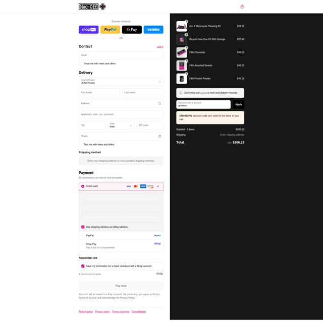 Muc-Off checkout page showing Muc-Off promo code box | Screenshot taken by SimplyCodes community member on Aug 25, 2025
