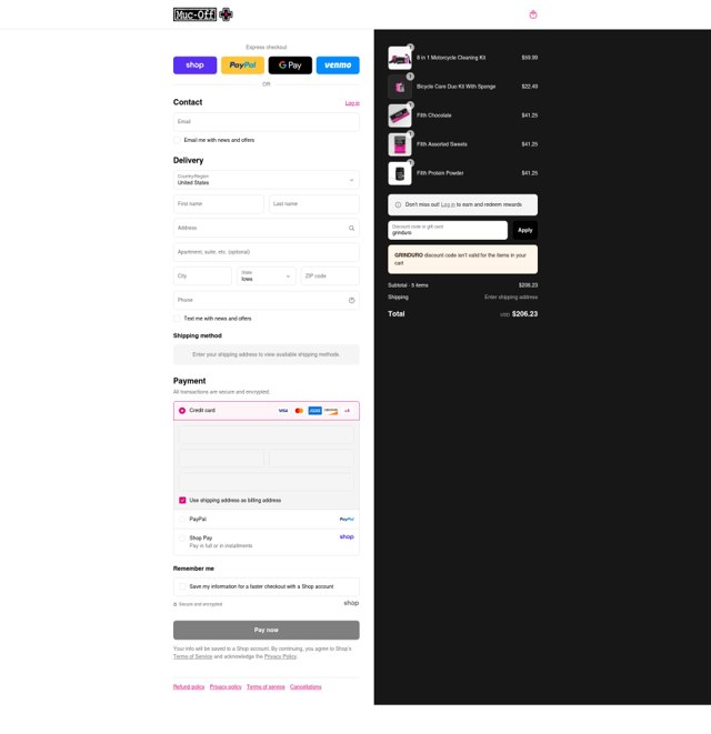 Muc-Off checkout page showing Muc-Off promo code box | Screenshot taken by SimplyCodes community member on Aug 29, 2025