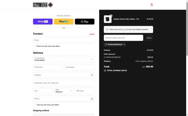 Muc-Off checkout page showing Muc-Off promo code box | Screenshot taken by SimplyCodes community member on Aug 26, 2025