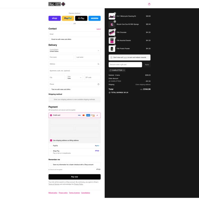 Muc-Off checkout page showing Muc-Off promo code box | Screenshot taken by SimplyCodes community member on Aug 29, 2025