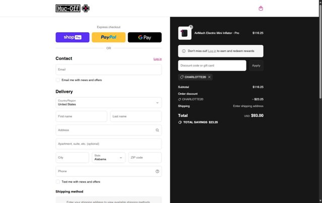 Muc-Off checkout page showing Muc-Off promo code box | Screenshot taken by SimplyCodes community member on Aug 25, 2025