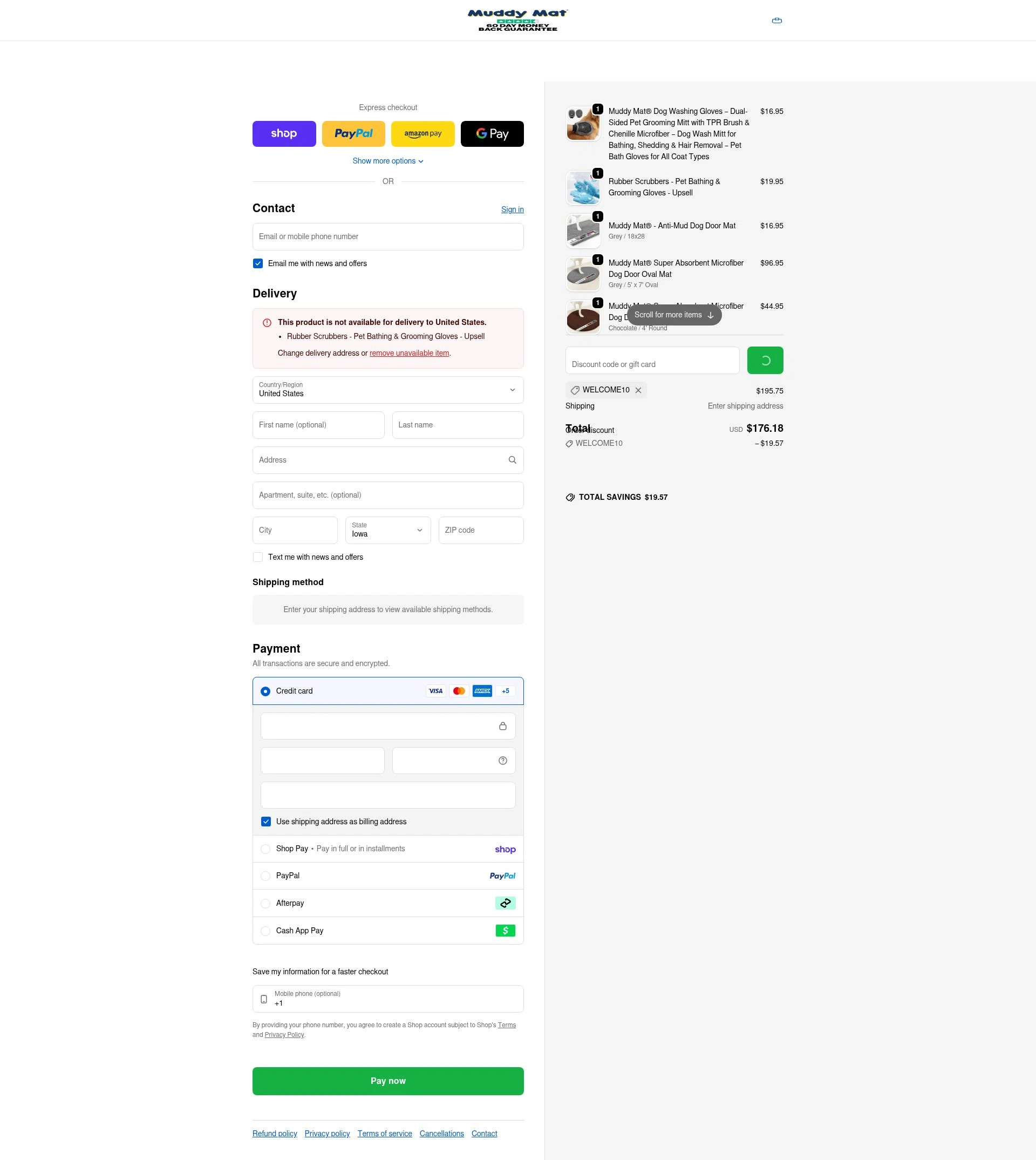Muddy Mat checkout page showing Muddy Mat discount code box | Screenshot taken by SimplyCodes community member on Jan 31, 2026