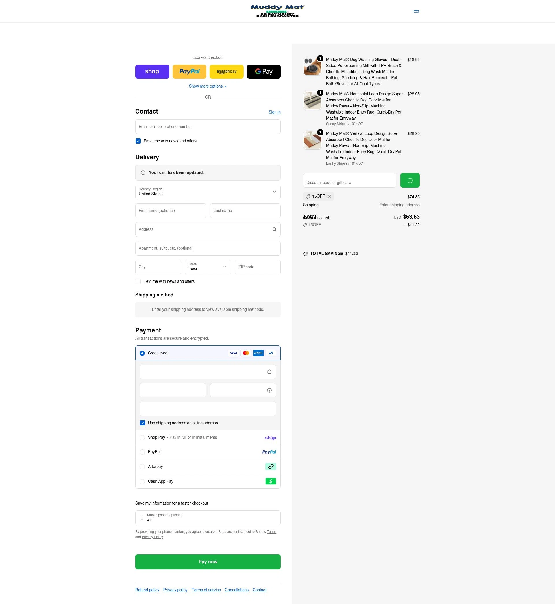Muddy Mat checkout page showing Muddy Mat discount code box | Screenshot taken by SimplyCodes community member on Feb 4, 2026