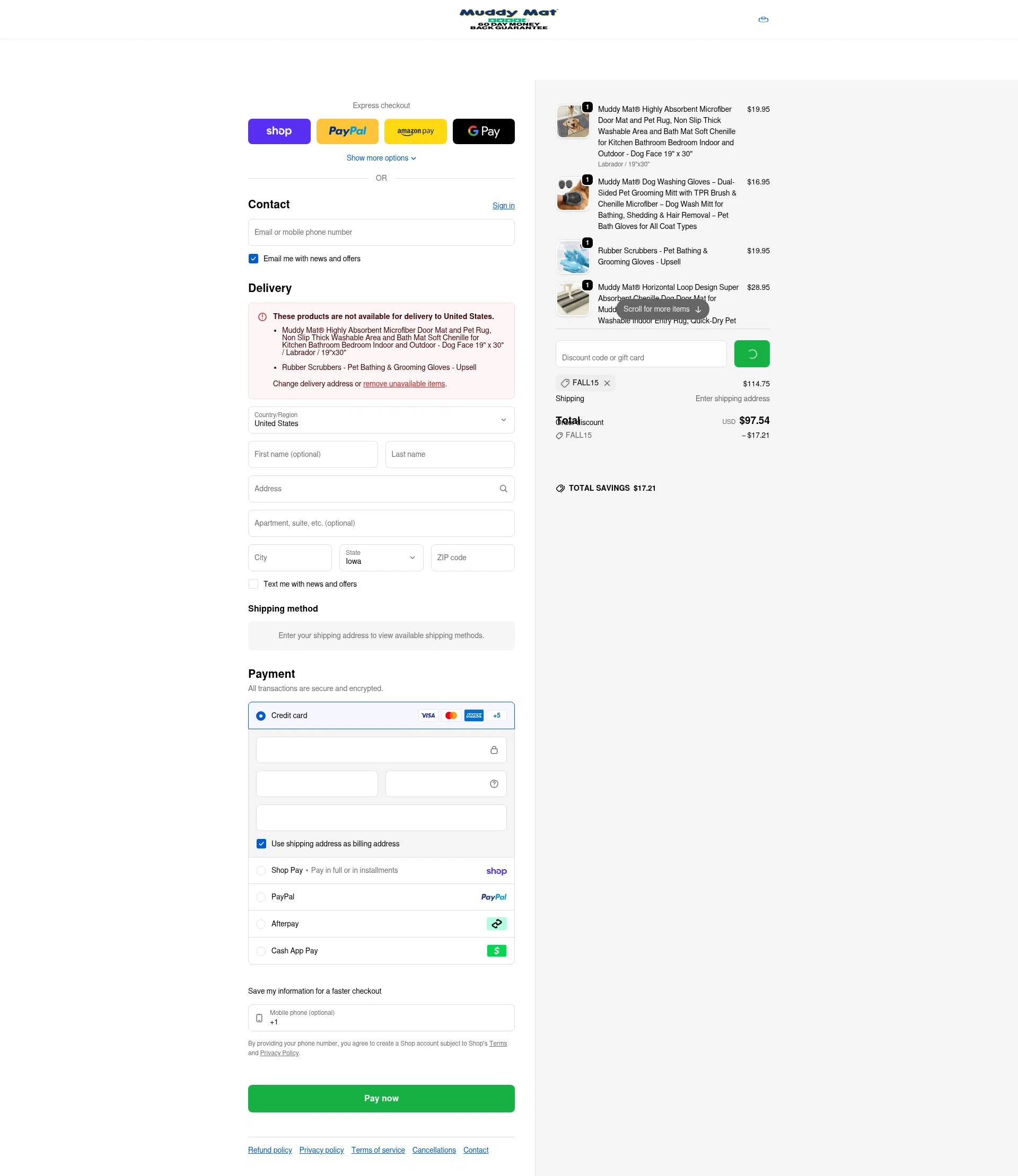 Muddy Mat checkout page showing Muddy Mat discount code box | Screenshot taken by SimplyCodes community member on Feb 4, 2026