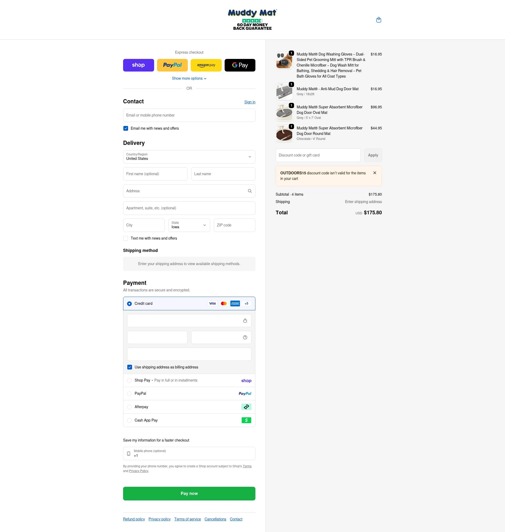 Muddy Mat checkout page showing Muddy Mat discount code box | Screenshot taken by SimplyCodes community member on Jan 31, 2026