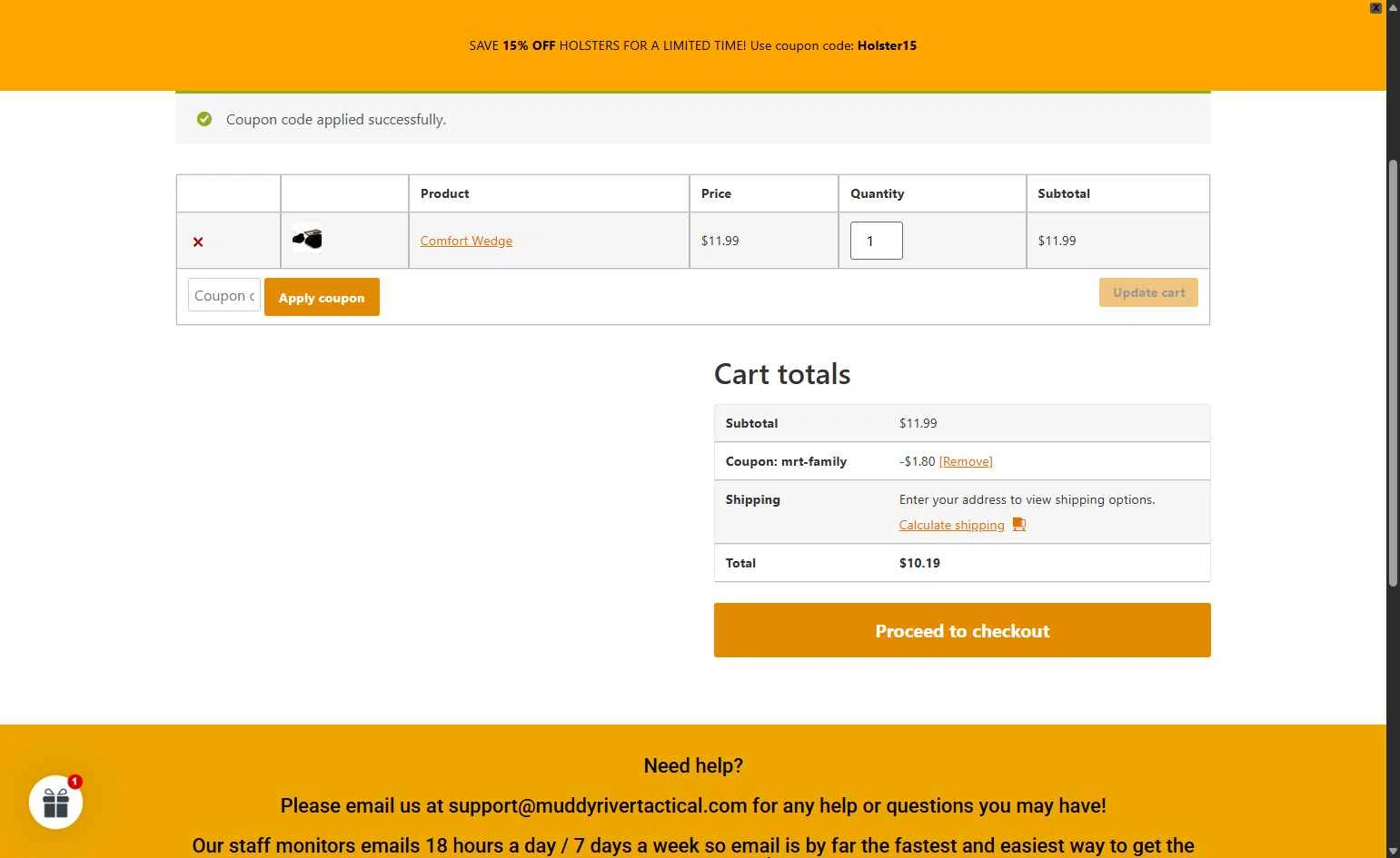 Muddy River Tactical checkout page showing Muddy River Tactical promo code box | Screenshot taken by SimplyCodes community member on Jan 15, 2026