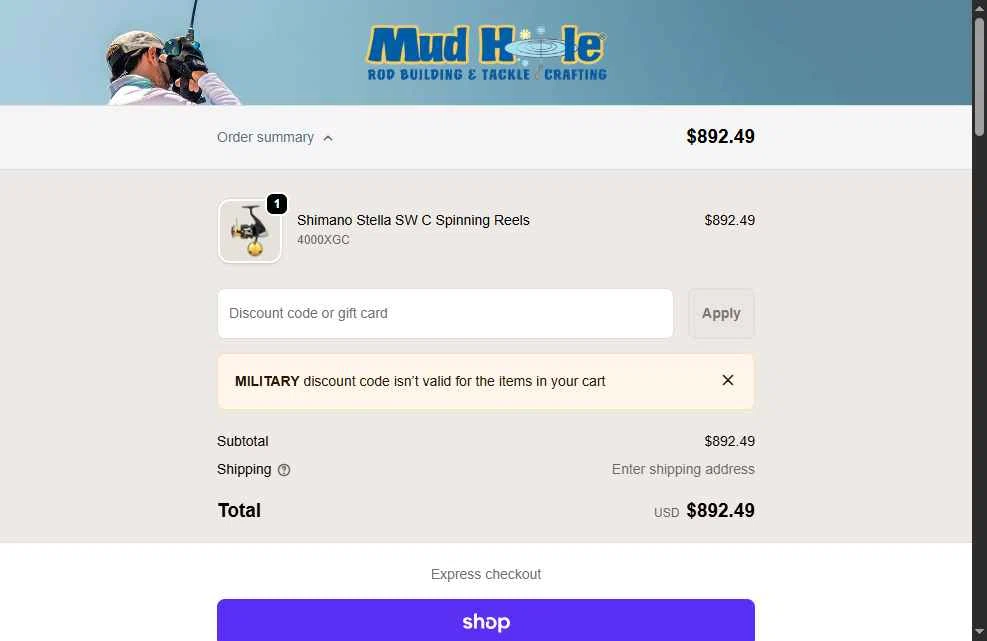 Mud Hole checkout page showing Mud Hole promo code box | Screenshot taken by SimplyCodes community member on Feb 9, 2026