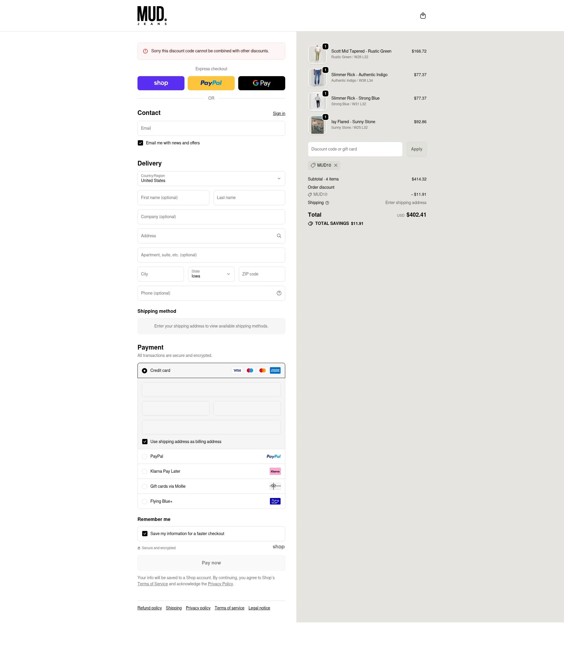 MUD Jeans checkout page showing MUD Jeans discount code box | Screenshot taken by SimplyCodes community member on Dec 13, 2025