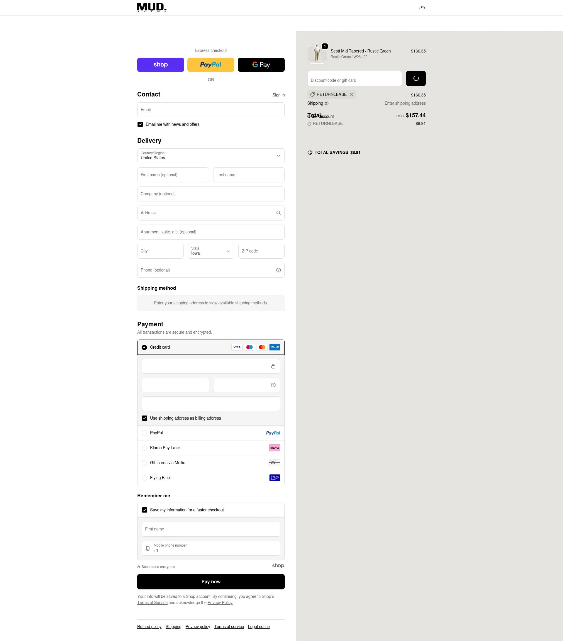 MUD Jeans checkout page showing MUD Jeans discount code box | Screenshot taken by SimplyCodes community member on Dec 20, 2025