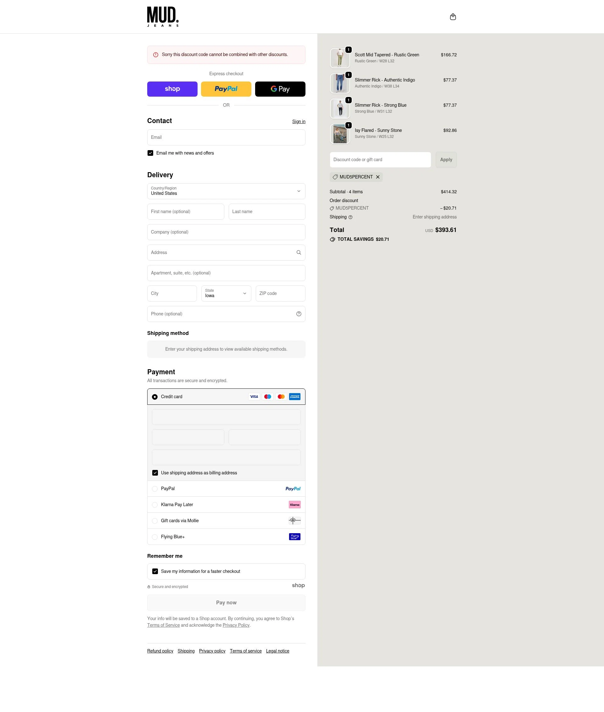 MUD Jeans checkout page showing MUD Jeans discount code box | Screenshot taken by SimplyCodes community member on Dec 13, 2025