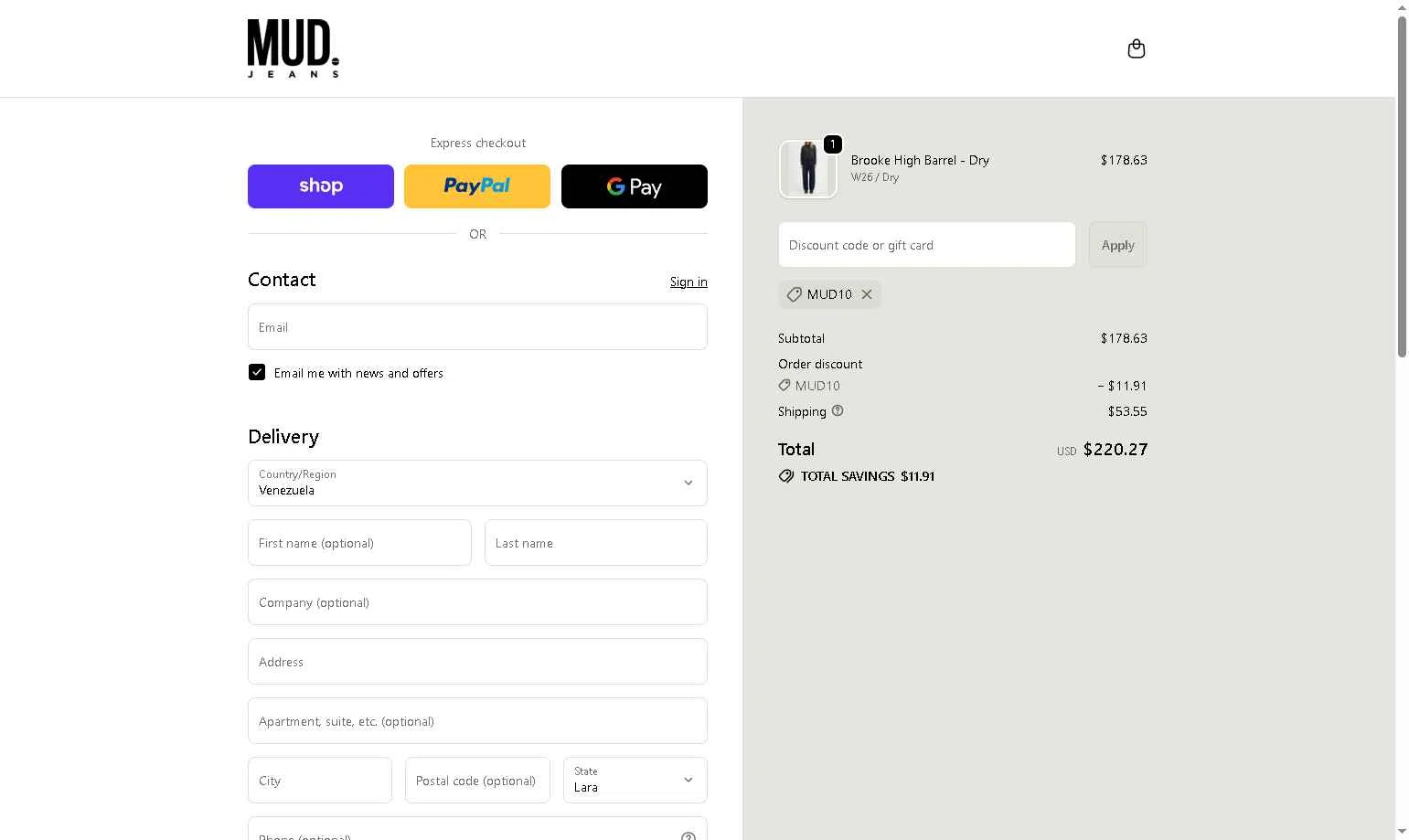 MUD Jeans checkout page showing MUD Jeans discount code box | Screenshot taken by SimplyCodes community member on Dec 13, 2025