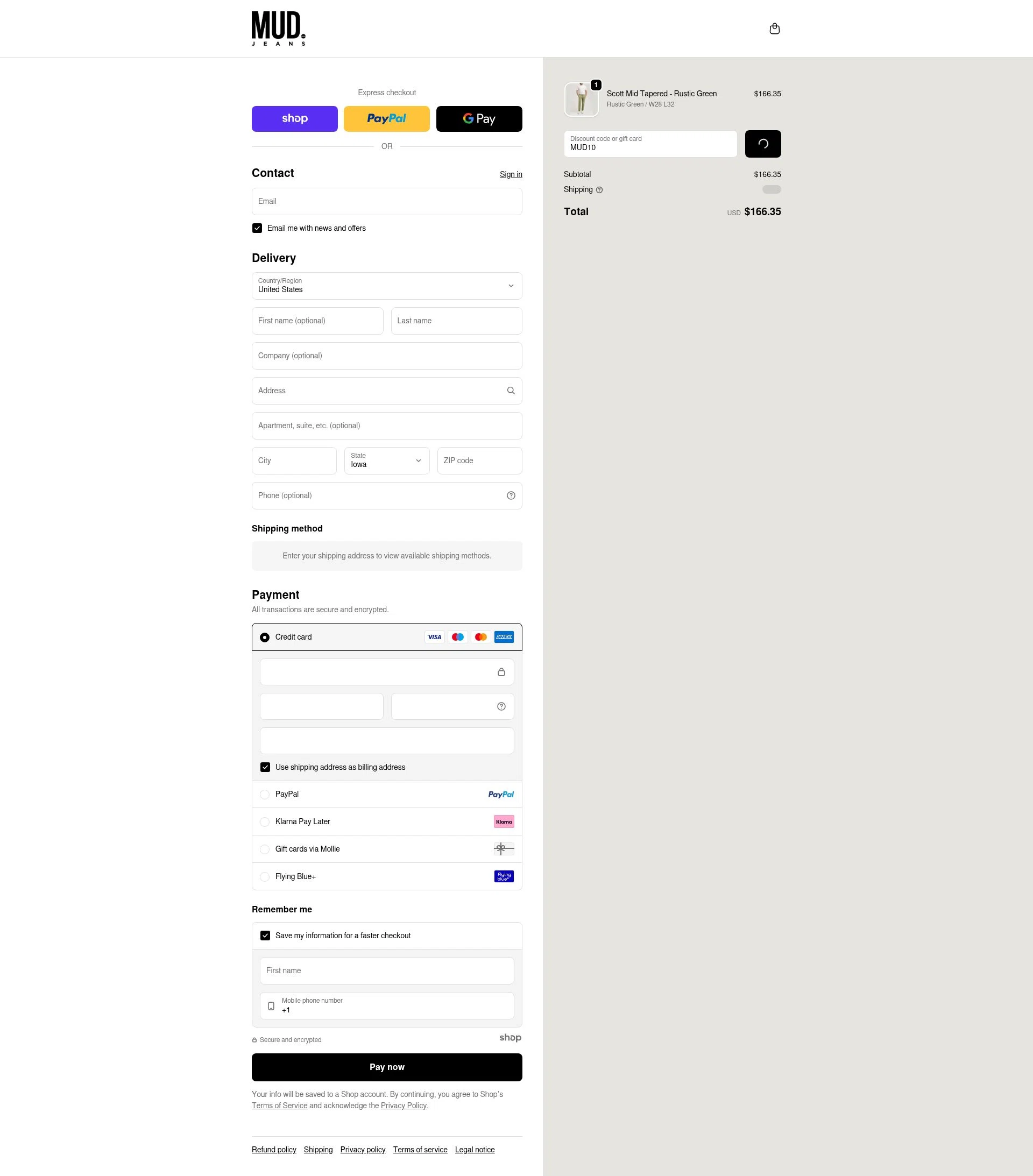 MUD Jeans checkout page showing MUD Jeans discount code box | Screenshot taken by SimplyCodes community member on Dec 20, 2025