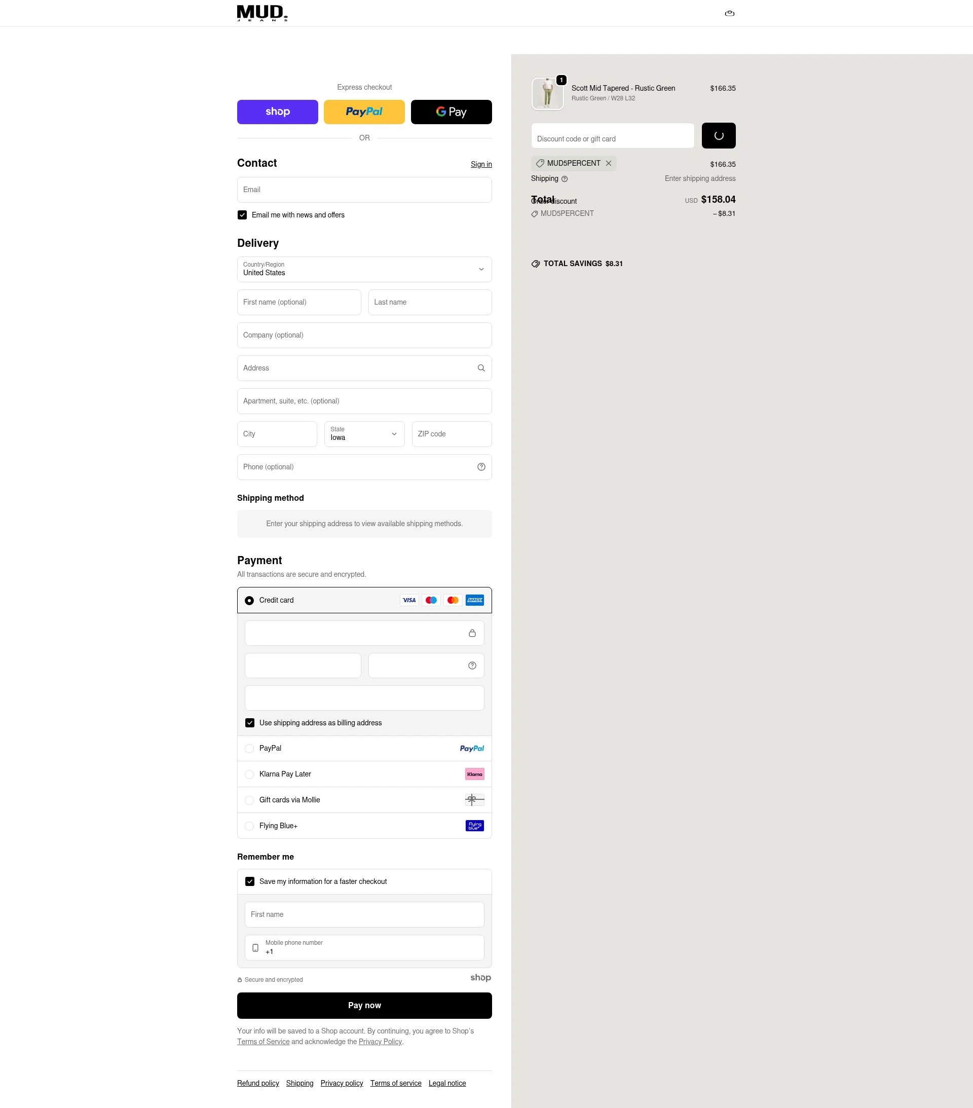 MUD Jeans checkout page showing MUD Jeans discount code box | Screenshot taken by SimplyCodes community member on Dec 20, 2025