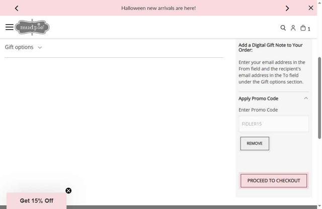 Mud Pie checkout page showing Mud Pie promo code box | Screenshot taken by SimplyCodes community member on Aug 13, 2025
