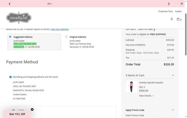 Mud Pie checkout page showing Mud Pie promo code box | Screenshot taken by SimplyCodes community member on Jul 30, 2025