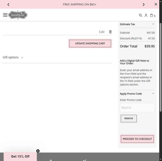 Mud Pie checkout page showing Mud Pie promo code box | Screenshot taken by SimplyCodes community member on Aug 20, 2025