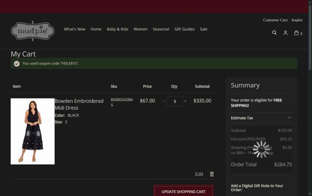 Mud Pie checkout page showing Mud Pie promo code box | Screenshot taken by SimplyCodes community member on Sep 11, 2025