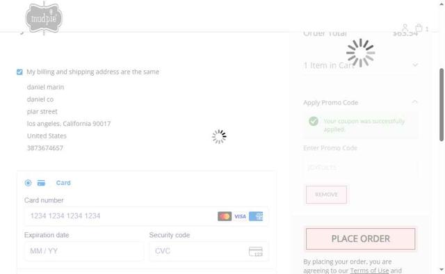 Mud Pie checkout page showing Mud Pie promo code box | Screenshot taken by SimplyCodes community member on Aug 20, 2025