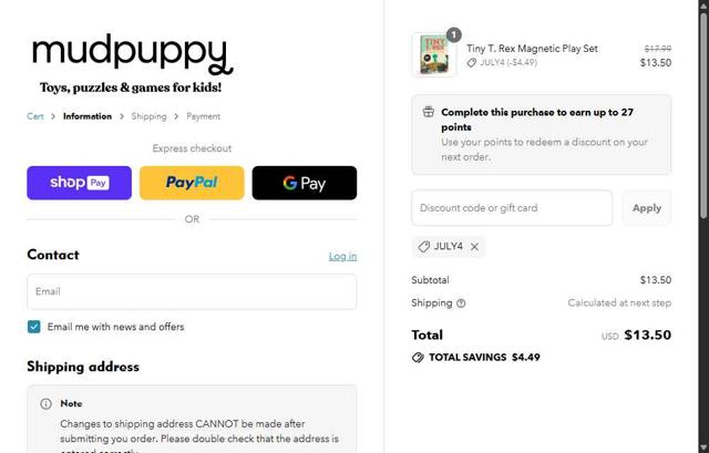 Mudpuppy checkout page showing Mudpuppy discount code box | Screenshot taken by SimplyCodes community member on Jul 1, 2025