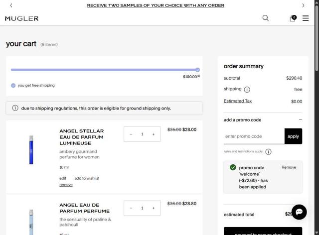 Mugler checkout page showing Mugler promo code box | Screenshot taken by SimplyCodes community member on Jun 26, 2025
