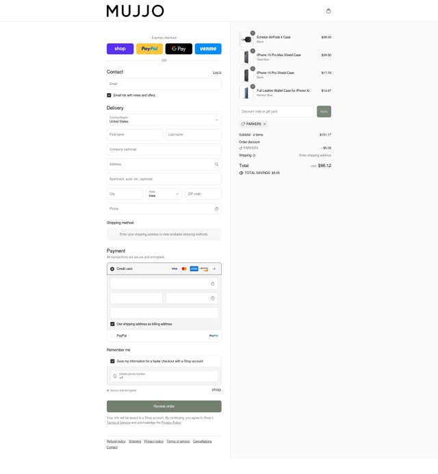Mujjo checkout page showing Mujjo discount code box | Screenshot taken by SimplyCodes community member on Sep 3, 2025