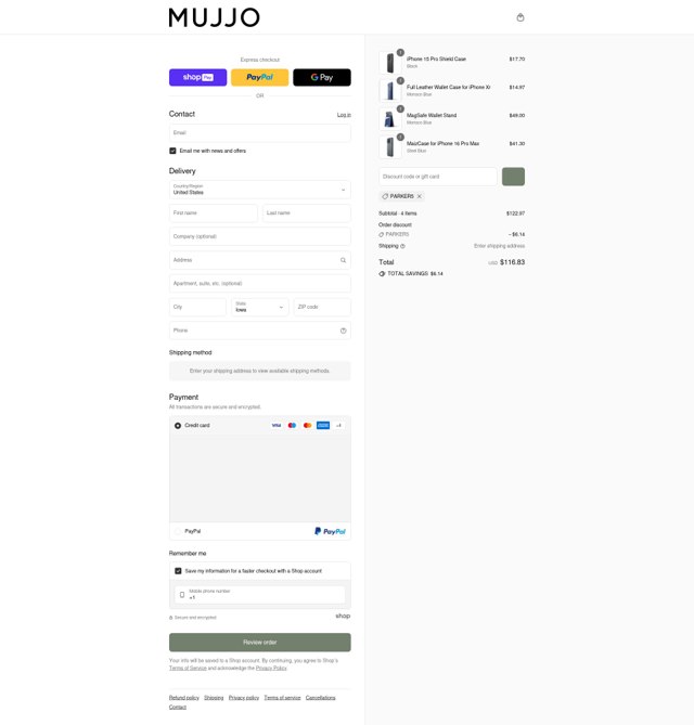 Mujjo checkout page showing Mujjo discount code box | Screenshot taken by SimplyCodes community member on Aug 12, 2025