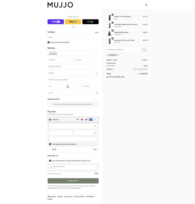 Mujjo checkout page showing Mujjo discount code box | Screenshot taken by SimplyCodes community member on Aug 25, 2025