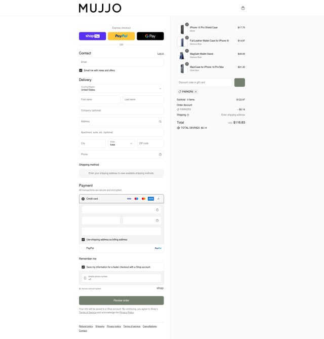 Mujjo checkout page showing Mujjo discount code box | Screenshot taken by SimplyCodes community member on Aug 14, 2025
