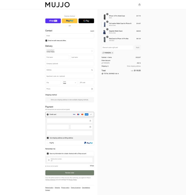 Mujjo checkout page showing Mujjo discount code box | Screenshot taken by SimplyCodes community member on Aug 8, 2025