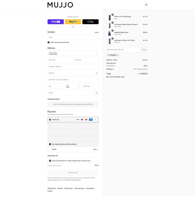 Mujjo checkout page showing Mujjo discount code box | Screenshot taken by SimplyCodes community member on Aug 21, 2025