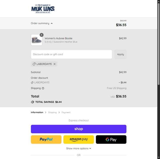 MUK LUKS checkout page showing MUK LUKS coupon code box | Screenshot taken by SimplyCodes community member on Aug 29, 2025