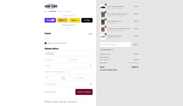 MUK LUKS checkout page showing MUK LUKS coupon code box | Screenshot taken by SimplyCodes community member on Aug 25, 2025