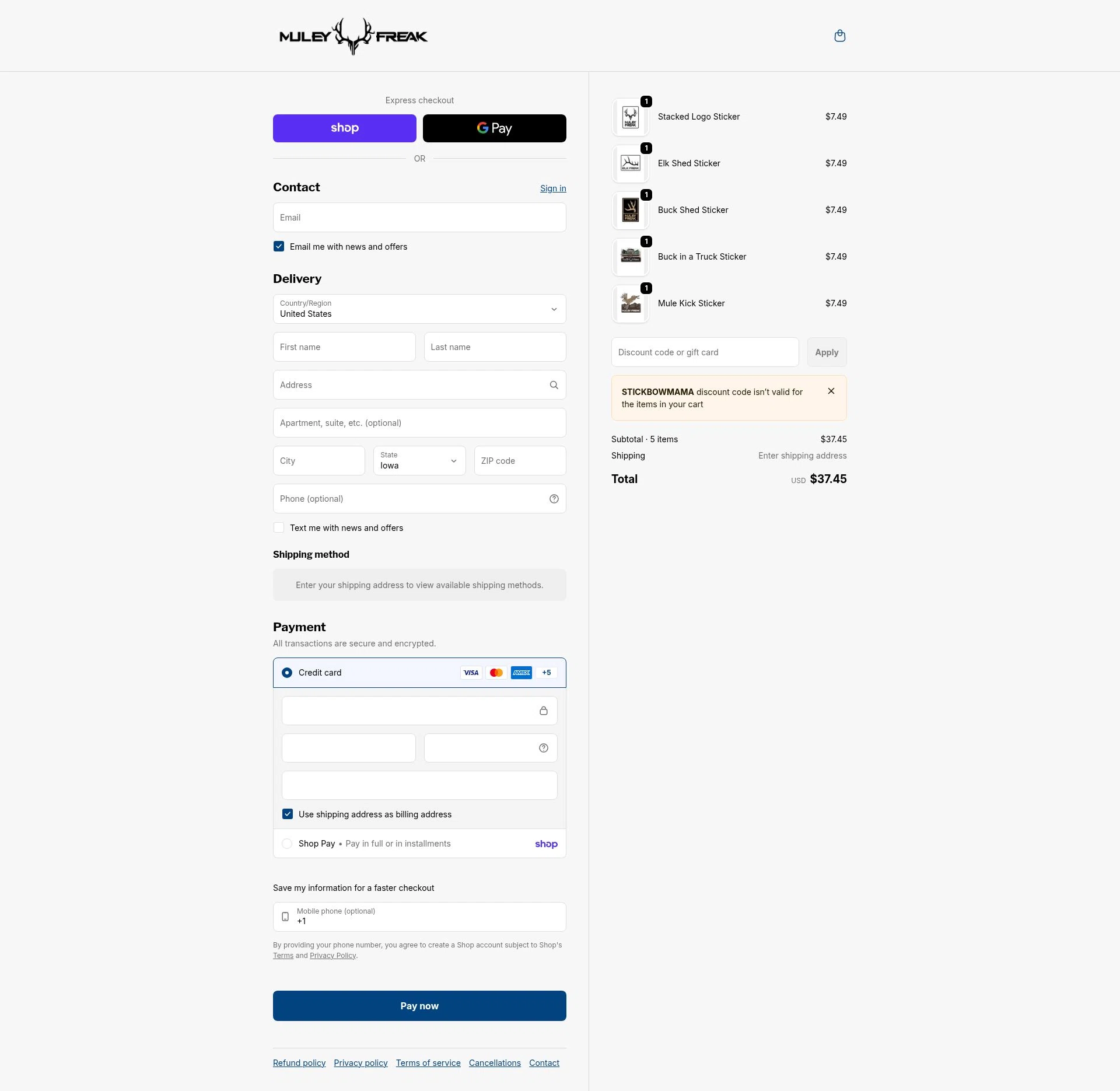 Muley Freak checkout page showing Muley Freak discount code box | Screenshot taken by SimplyCodes community member on Feb 11, 2026