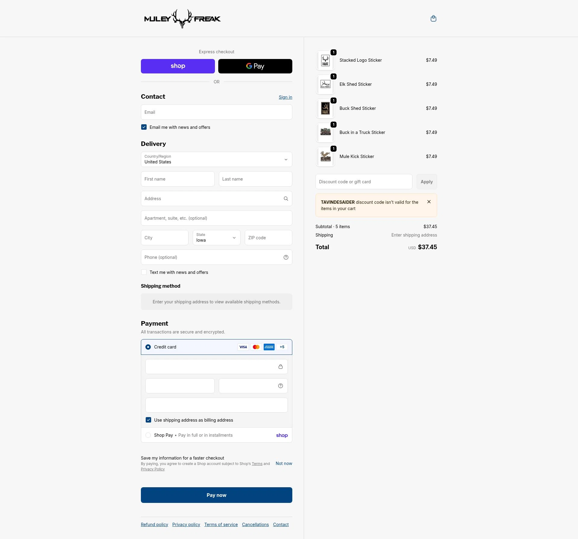 Muley Freak checkout page showing Muley Freak discount code box | Screenshot taken by SimplyCodes community member on Feb 16, 2026