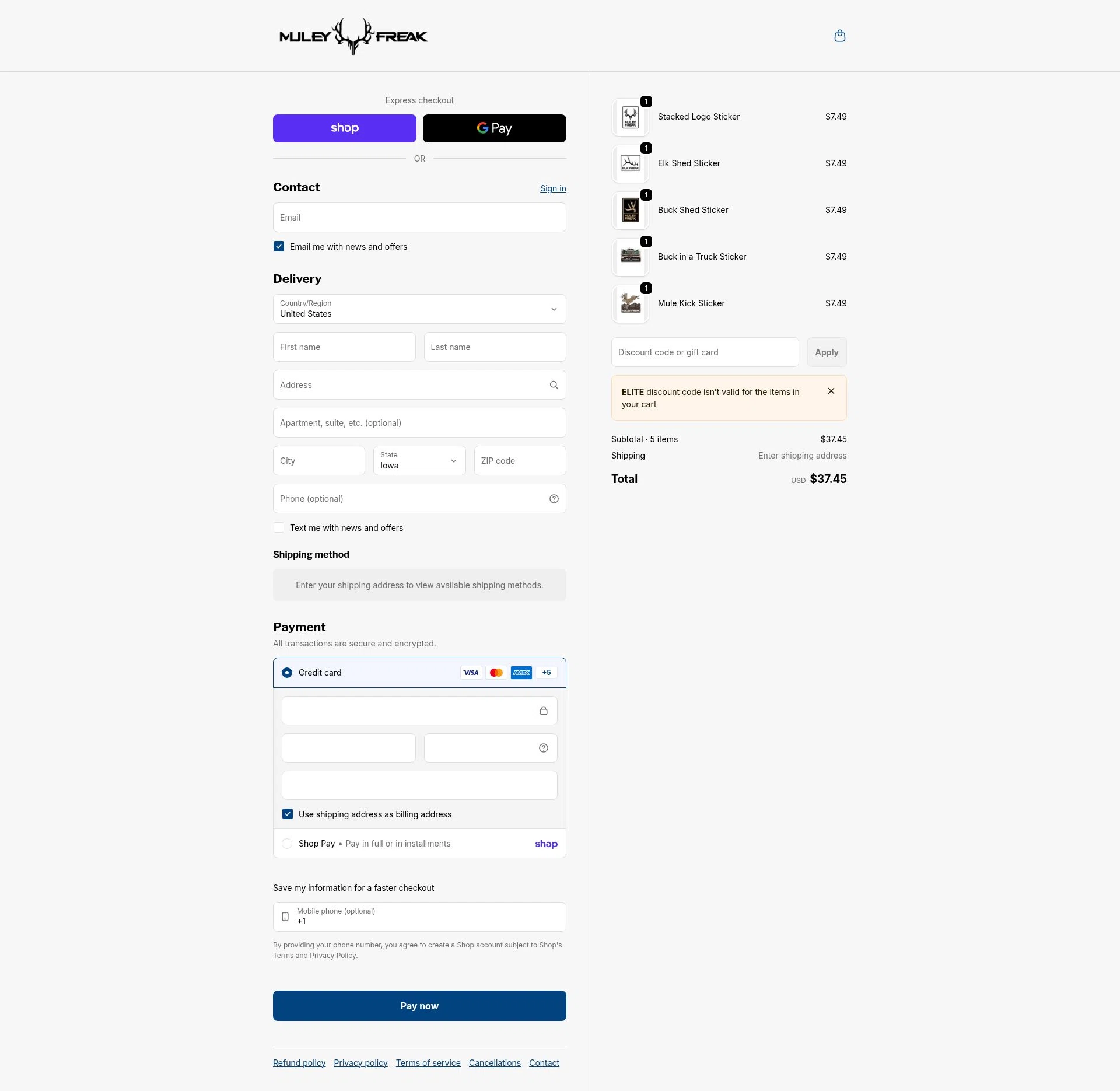 Muley Freak checkout page showing Muley Freak discount code box | Screenshot taken by SimplyCodes community member on Feb 11, 2026