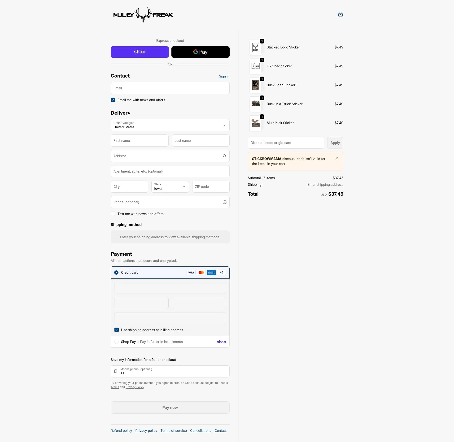 Muley Freak checkout page showing Muley Freak discount code box | Screenshot taken by SimplyCodes community member on Feb 7, 2026