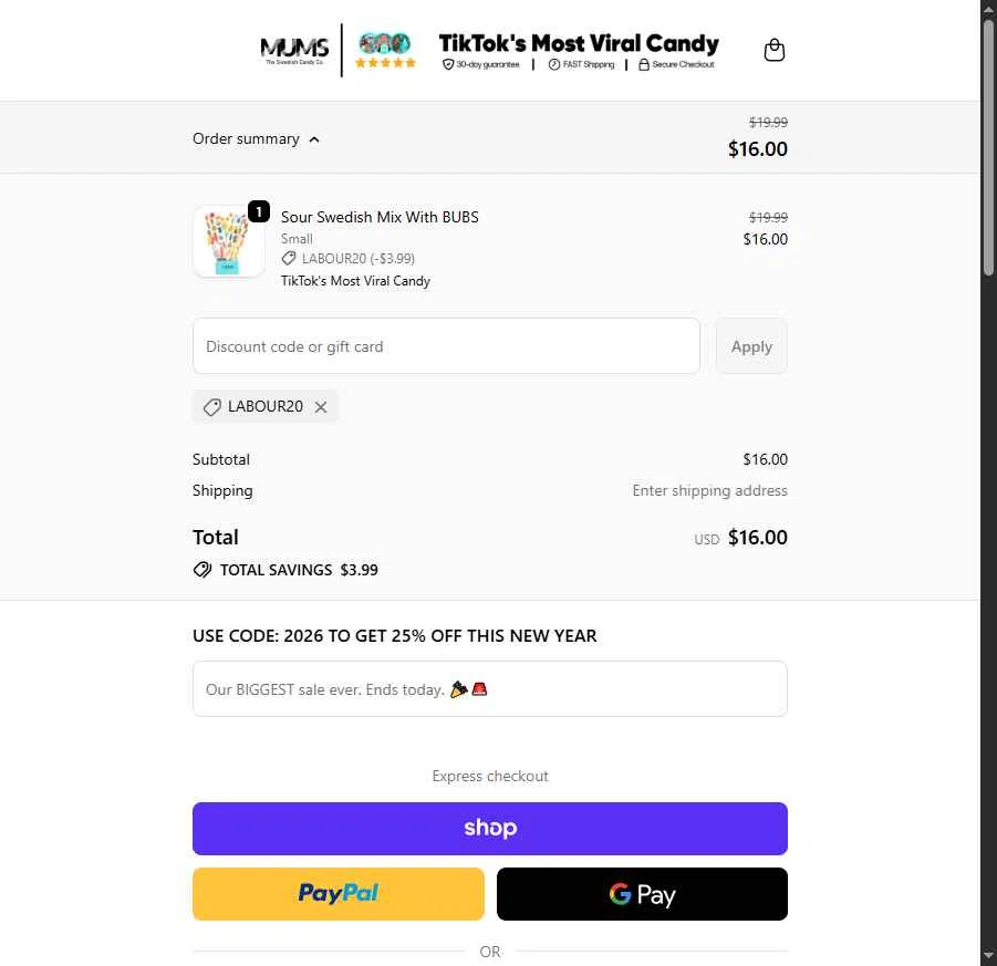 MUMS checkout page showing MUMS discount code box | Screenshot taken by SimplyCodes community member on Feb 2, 2026