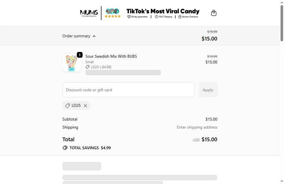 MUMS checkout page showing MUMS discount code box | Screenshot taken by SimplyCodes community member on Feb 2, 2026